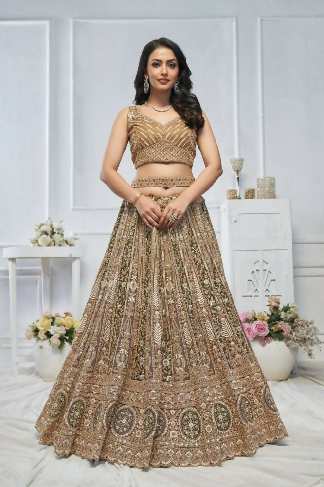 Kesar Fab Brown Net Embroidered Lehenga
