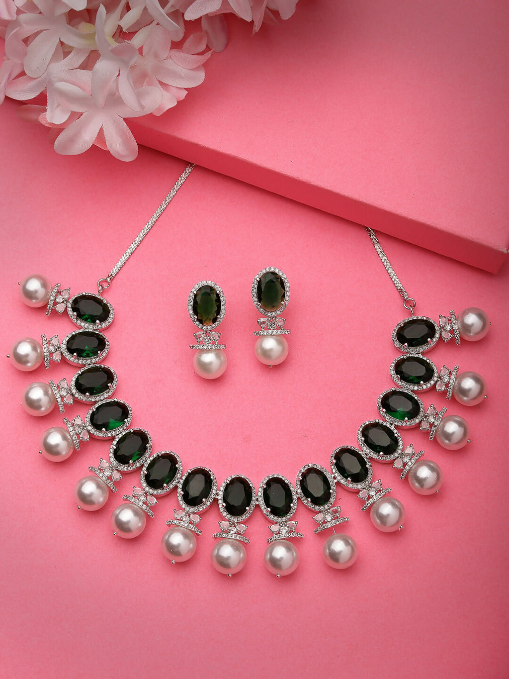 NVR Women's Silver-Plated Green American Diamond Studded Handcrafted Jewellery Set
