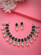 NVR Women's Silver-Plated Green American Diamond Studded Handcrafted Jewellery Set