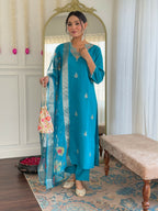 The52 Blue Women's Gorgeous Viscose Fabric Embroidered Work Straight Kurta, Pant and Dupatta Set - Distacart