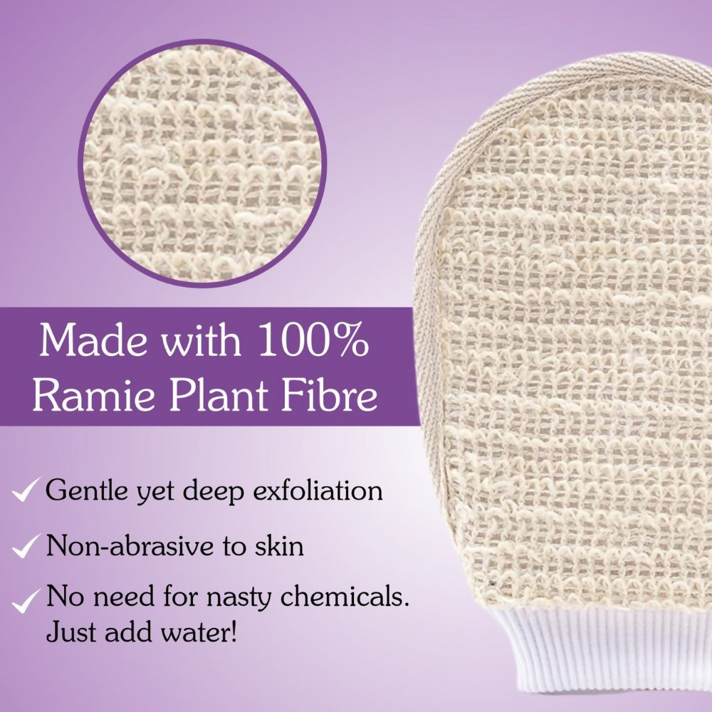 Bake Tan Removal Exfoliating Bath Kit - 100% Ramie Plant Fibre Gloves + Kojic Acid Soap (2 Pcs) with Scrub Treatment