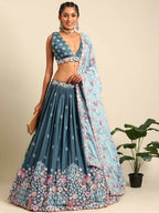 House of Panchhi Teal Blue Chinon Sequins embroidery Lehenga choli & Dupatta