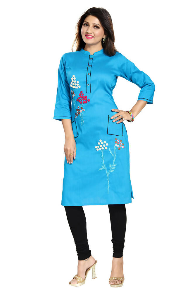 Snehal Creations Raw Silk Embroidery Blue Straight Tunic