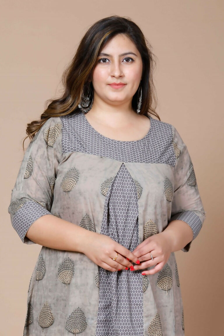 Miravan Women's Plus Size Beige Floral Printed Pure Cotton A-Line Kurta With Palazzo