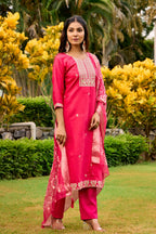 The52 Women's Beautiful Embroidery Work Roman Fabric Straight Kurta Pant and Dupatta Set - Distacart