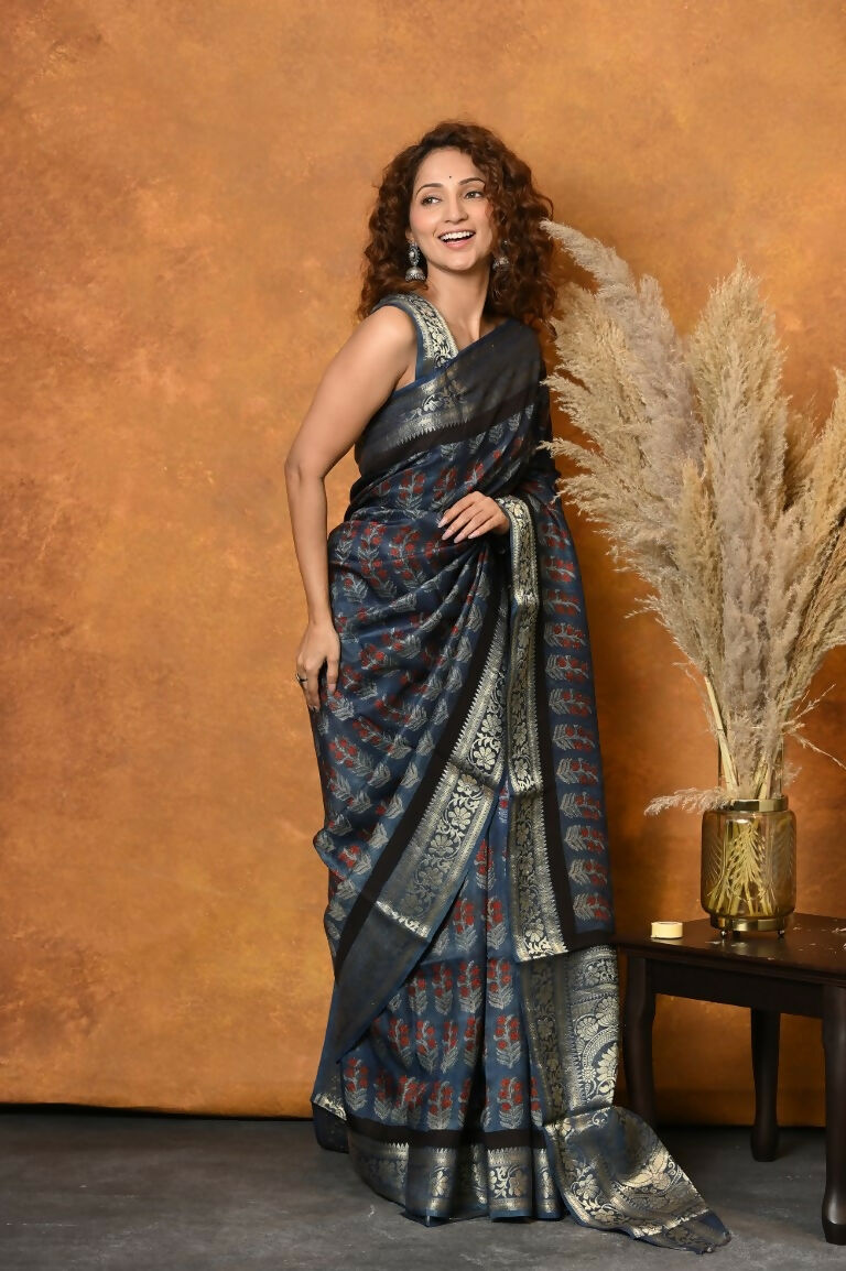 Very Much Indian Modal Silk Ajrakh Handblock Printed Natural Dyes With Designer Border Saree - Black