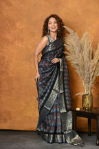 Very Much Indian Modal Silk Ajrakh Handblock Printed Natural Dyes With Designer Border Saree - Black
