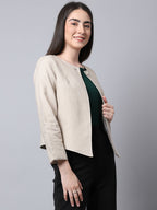 Even Apparels Cream Linen Cotton Open Front Statement Women's Jacket