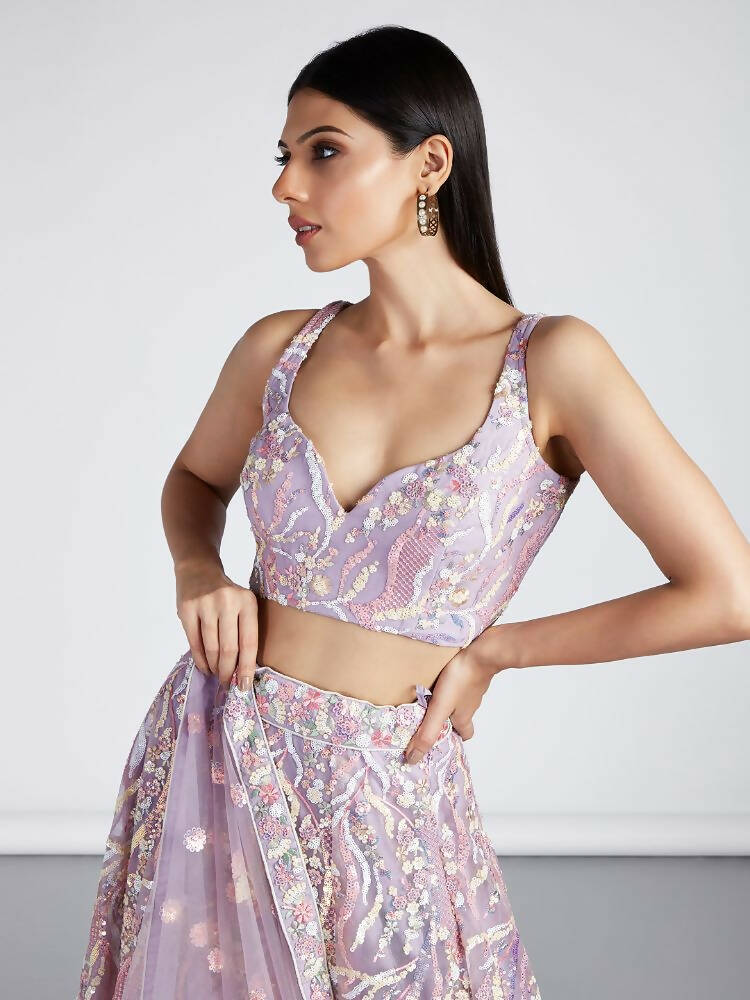 House of Panchhi Mauve Net Sequins And Thread Embroidery Lehenga Choli & Dupatta