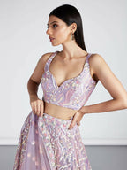 House of Panchhi Mauve Net Sequins And Thread Embroidery Lehenga Choli & Dupatta