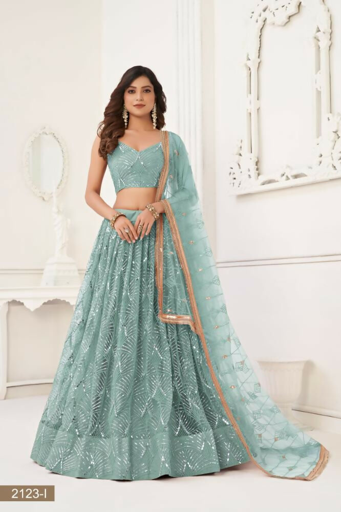 Aastha Fashion Ocean Blue Butterfly Net Tone To Tone Thread Work, Sequence Work And Original Mirror Work Embroidery Wedding Wear Lehenga Choli