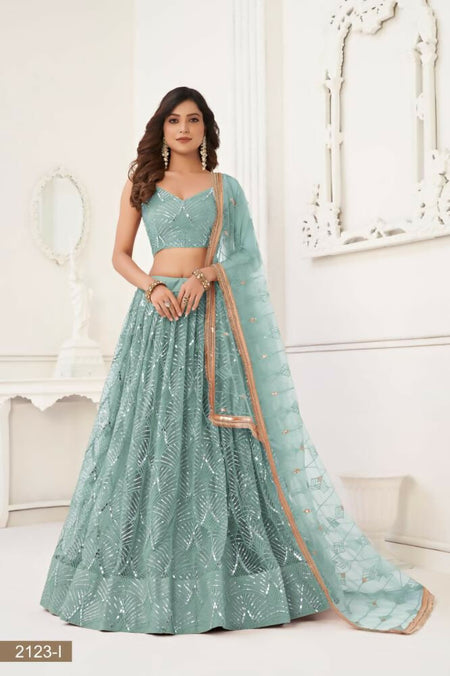 Aastha Fashion Ocean Blue Butterfly Net Tone To Tone Thread Work, Sequence Work And Original Mirror Work Embroidery Wedding Wear Lehenga Choli