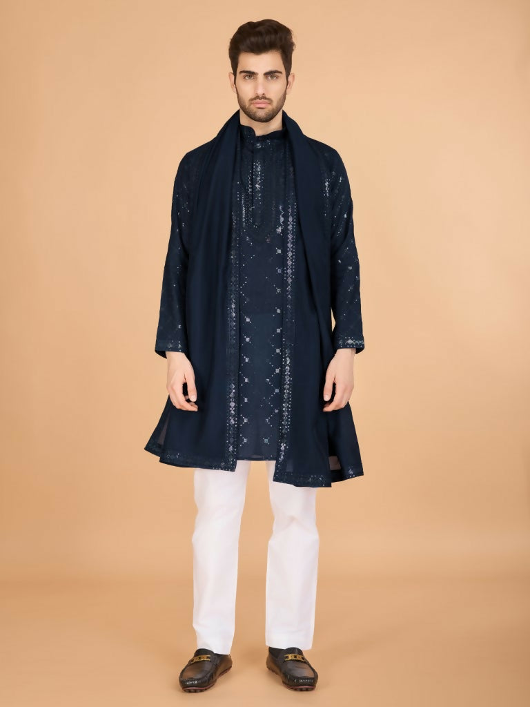 Vastranavya Navy Blue Exclusive Festival Wear Viscose Silk Thread & Sequence Embroidered Work Kurta with Dupatta