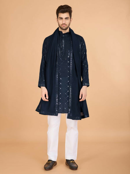 Vastranavya Navy Blue Exclusive Festival Wear Viscose Silk Thread & Sequence Embroidered Work Kurta with Dupatta