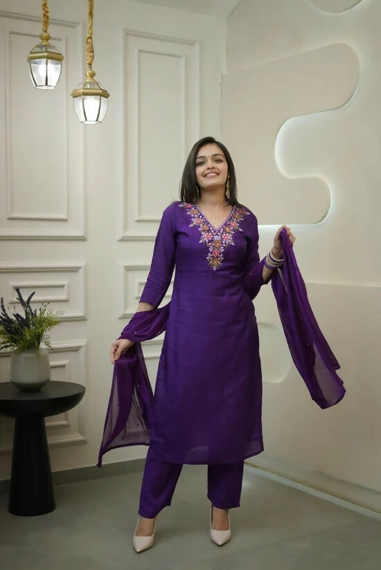 The52 Purple Women's Gorgeous Vichitra Fabric Embroidered Work Straight Kurta Pant and Dupatta Set - Distacart