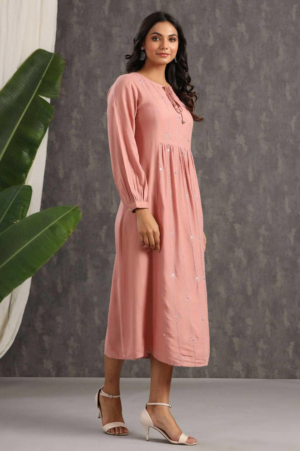 Juniper Womens Onion Pink Rayon Solid Maxi Dress With Mirror Embroidery And Full Sleeve - Distacart