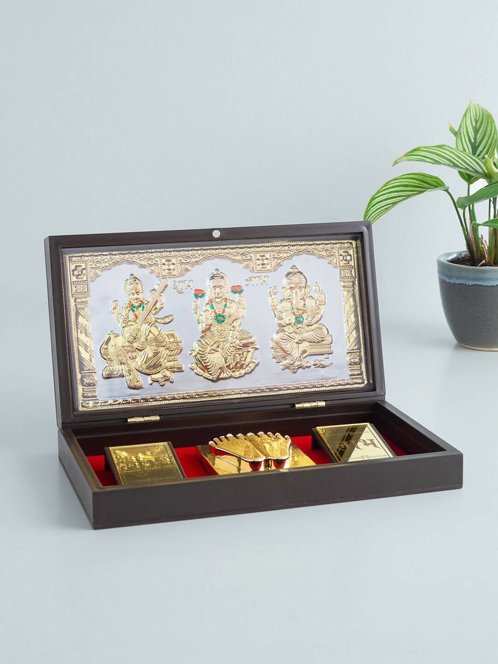 Golden Peacock 24 KT Gold-Polished Laxmi, Ganesha, Saraswati Pooja Box
