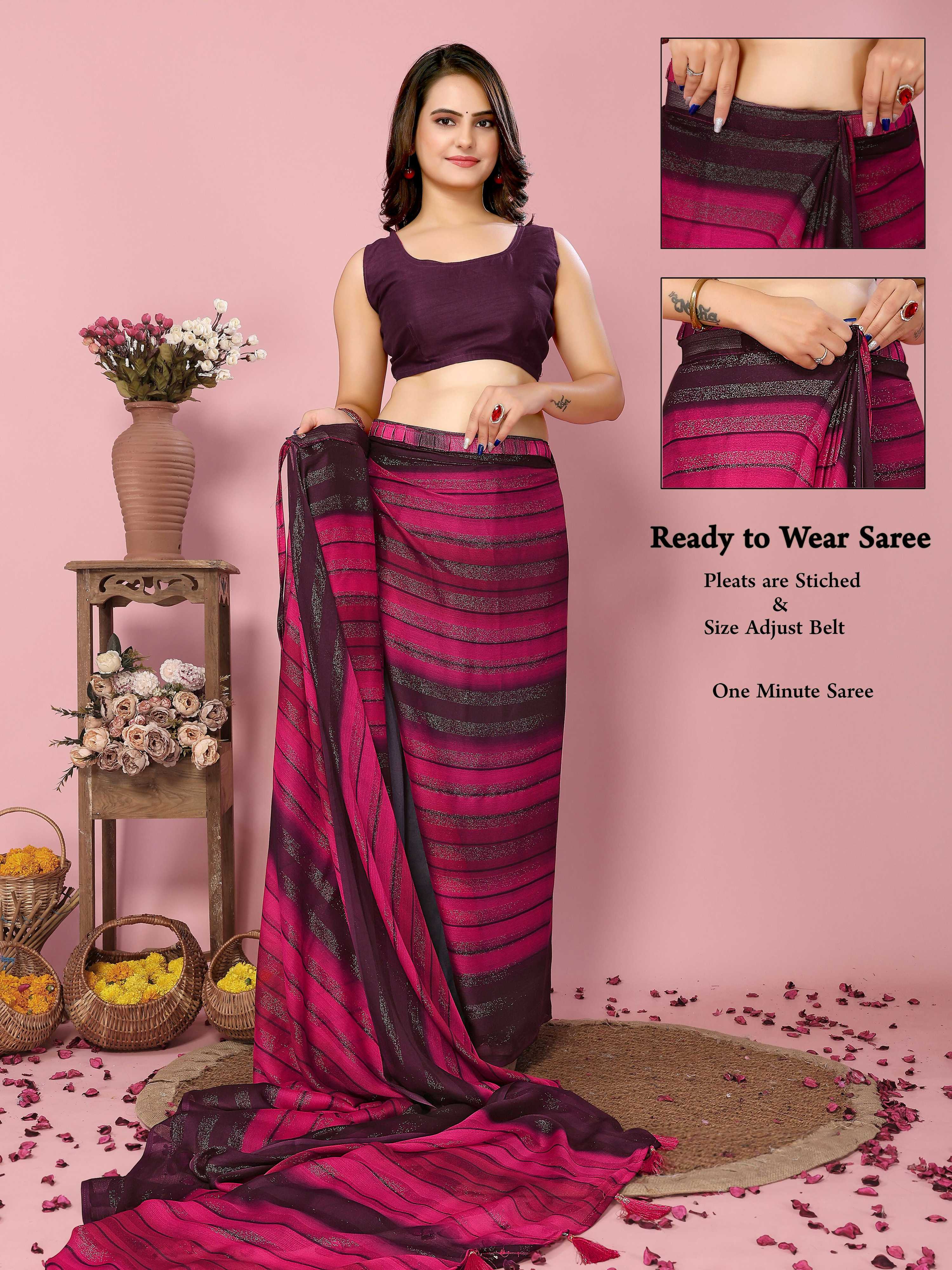 Attractive These Party Wear Ready To Wear Saree - Pink