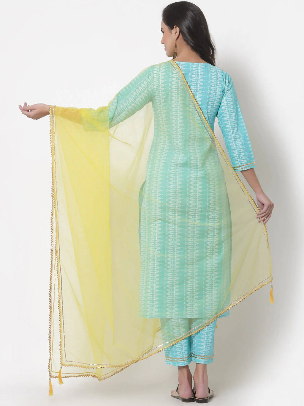 Myshka Women Turquoise Blue Layered Pure Cotton Kurti With Trousers & Dupatta - Distacart