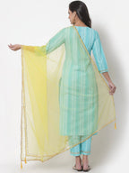 Myshka Women Turquoise Blue Layered Pure Cotton Kurti With Trousers & Dupatta - Distacart