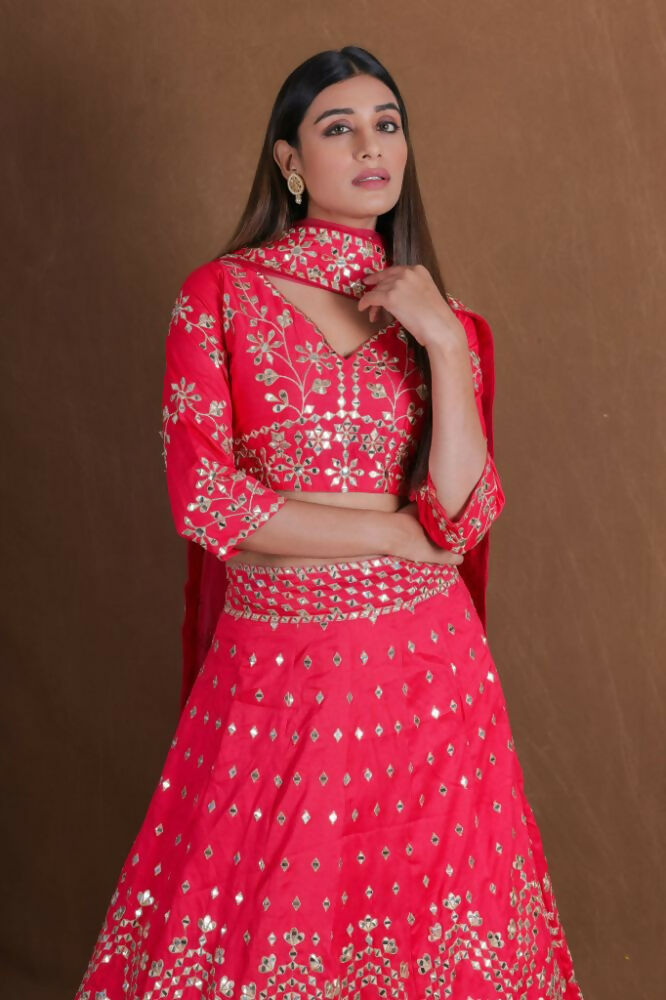 Pink Embroidery With Real Mirror Work Fantum Silk Fabric Lehenga Choli - Jihu Culture