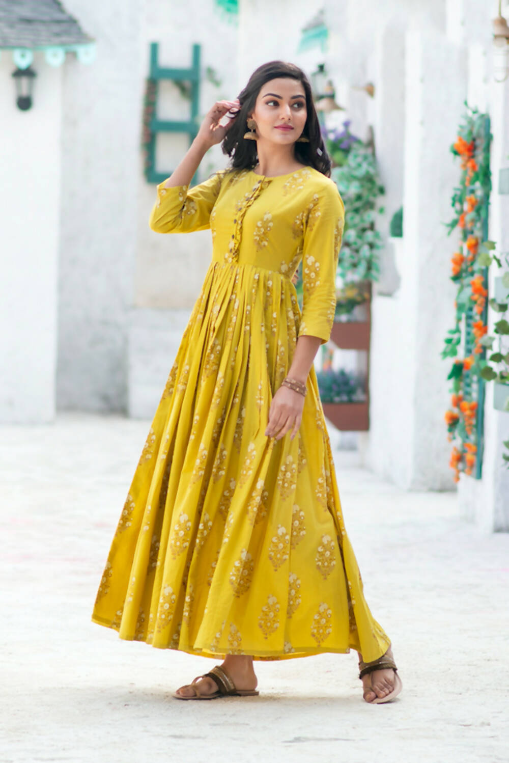Partywear Designer Digital Printed Lemon Yellow Pure Maslin Gown - Anbazaar - Distacart