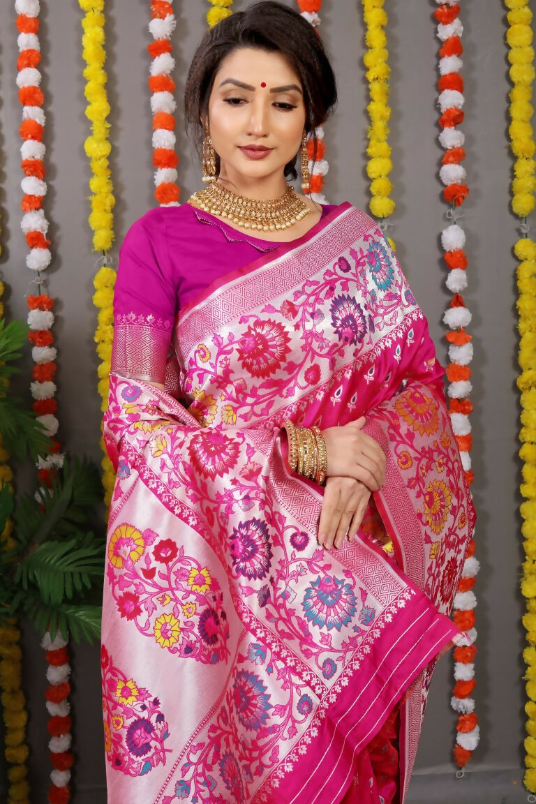Jyoti Fashion Women's Rani Pink Banarasi Silk Zari Woven Saree with Blouse