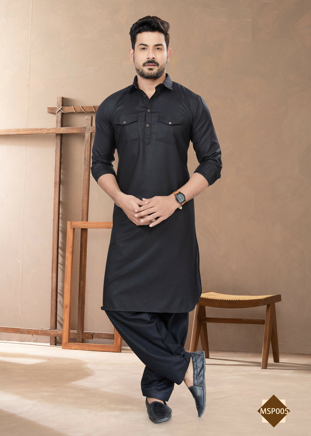 Joban Fashion Men's Black Heavy Cotton Plain Kurta Pyjama set