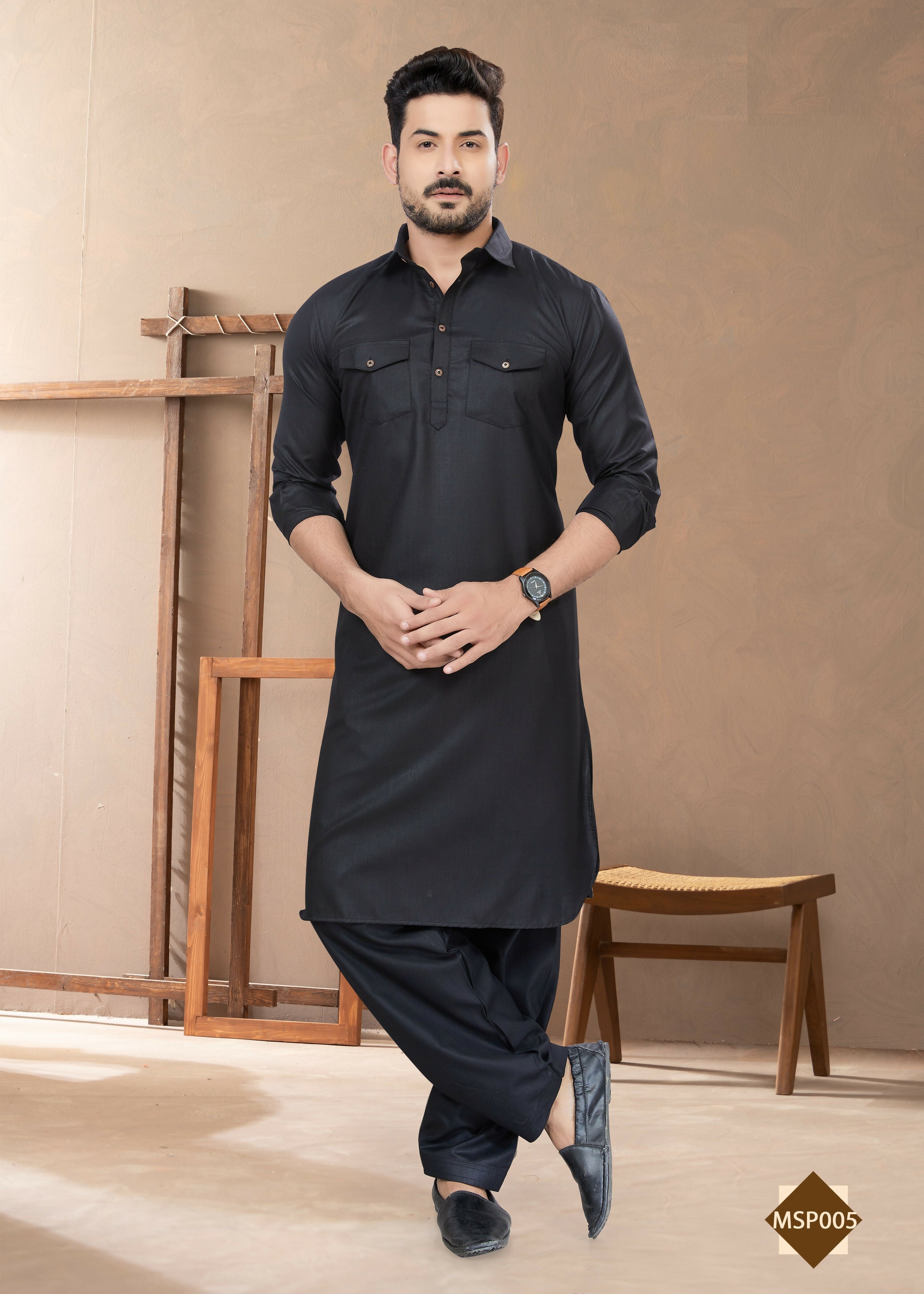 Joban Fashion Men's Black Heavy Cotton Plain Kurta Pyjama set