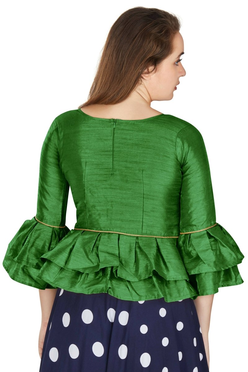 Aastha Fashion Women's Mehendi Art Silk Bell Sleeves attire with Poly Cotton Lining Blouse