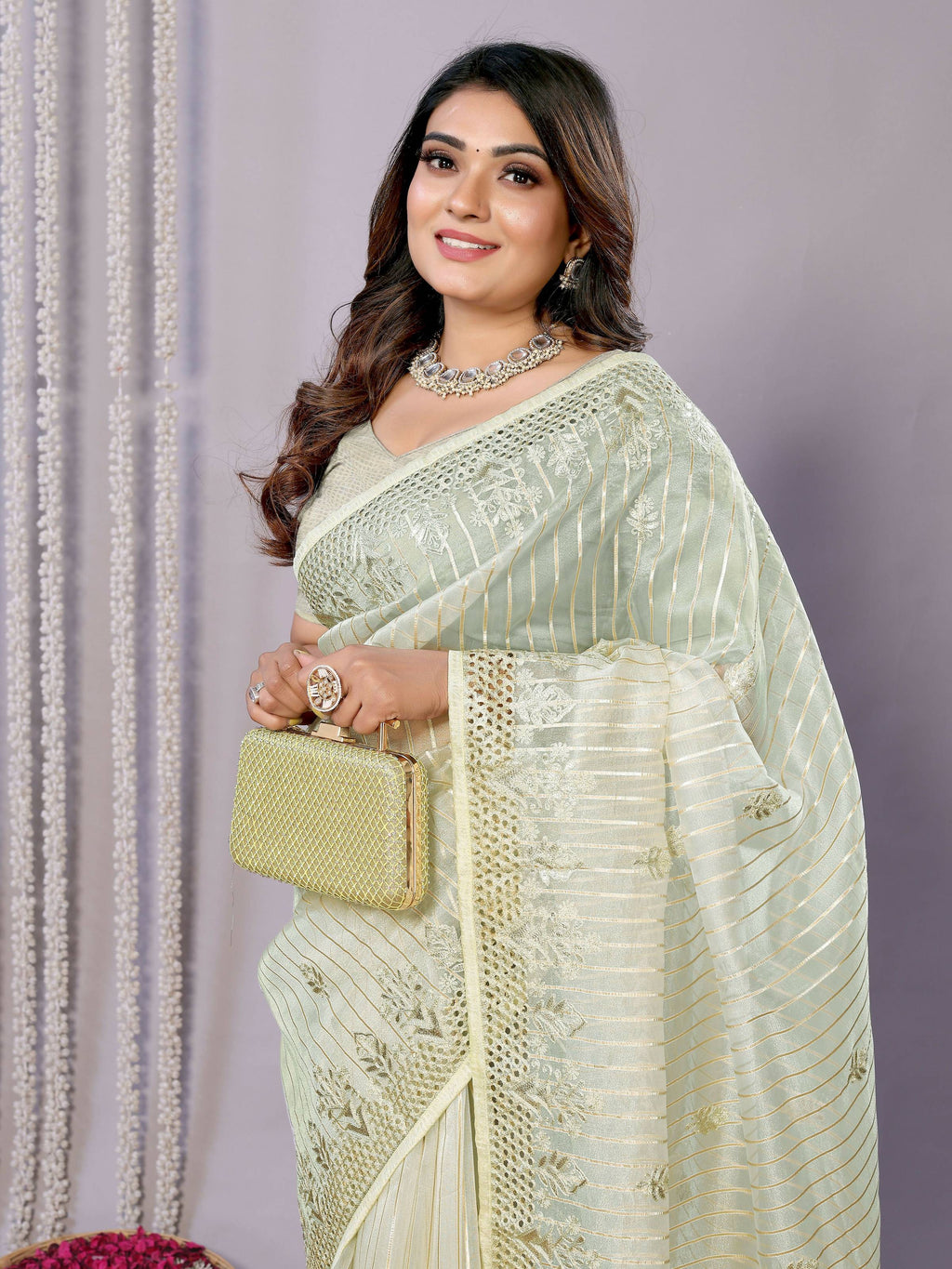 Green Silk Embroidered Saree With Stitched Blouse - Nimaya Kaksha