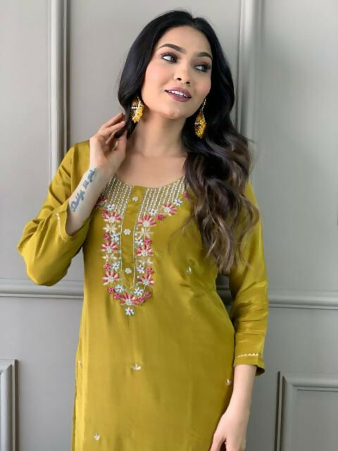 The52 Mustard Gorgeous Embroidered Viscose Chanderi Fabric Straight Kurta Pant with Dupatta Set - Distacart