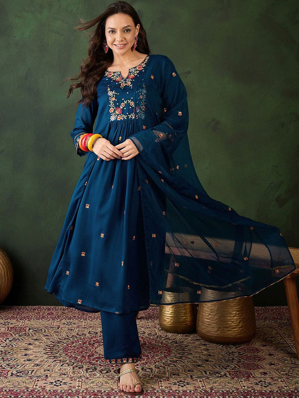 Sangria Floral Embroidered A-Line Kurta & Trousers With Dupatta