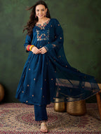 Sangria Floral Embroidered A-Line Kurta & Trousers With Dupatta