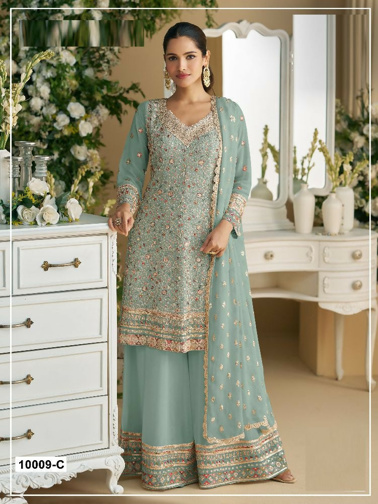 Anaita Sky-blue Embroderied Faux Georgette Stitched Plazzo Suit - Distacart