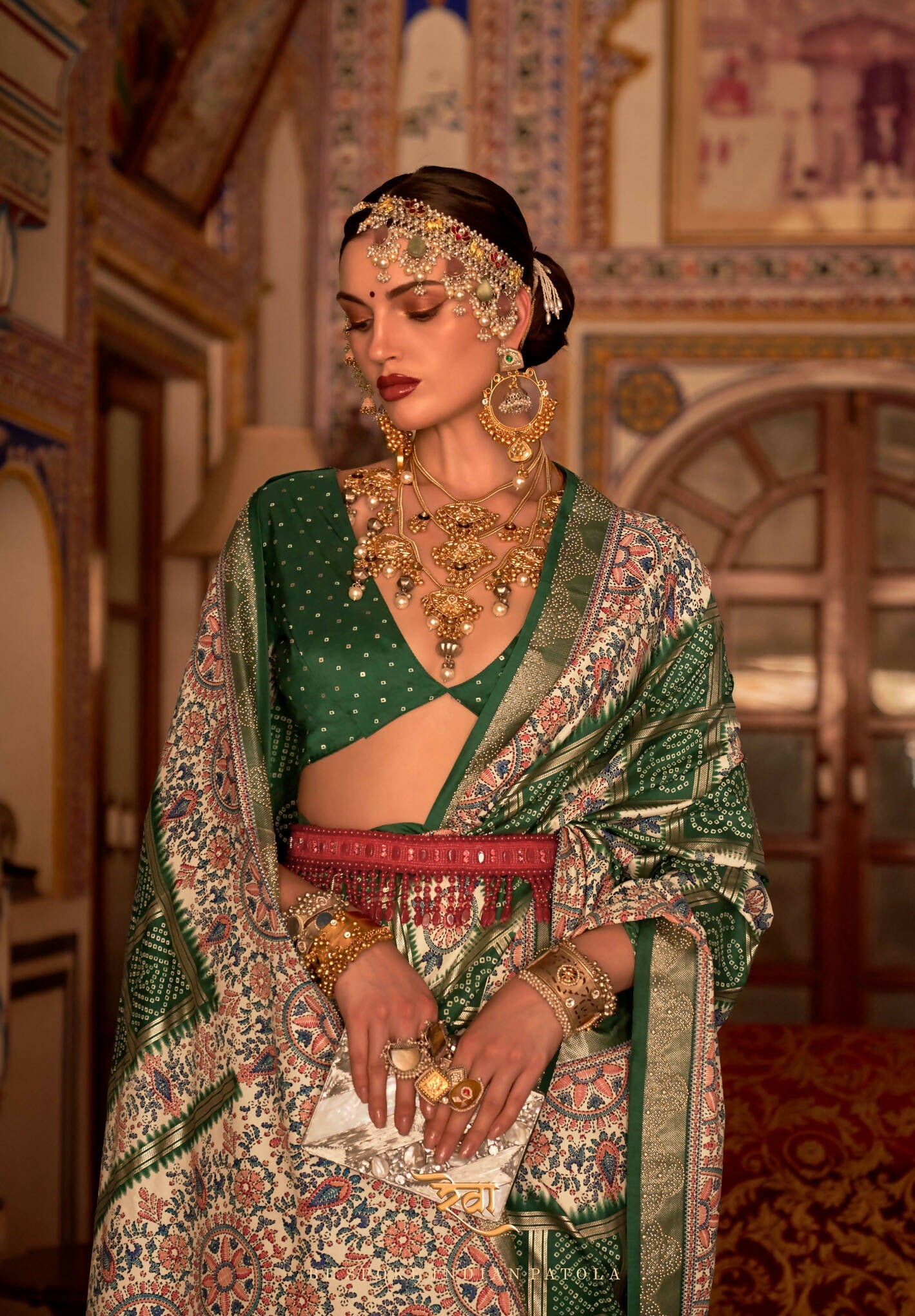 Dark Green P V Silk Digital Print, Zari Work Printed Saree - Rewaa Parampara