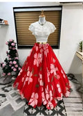 Dishitha Creation Floral Printed Stitched Lehenga & Crop Top - White & Red