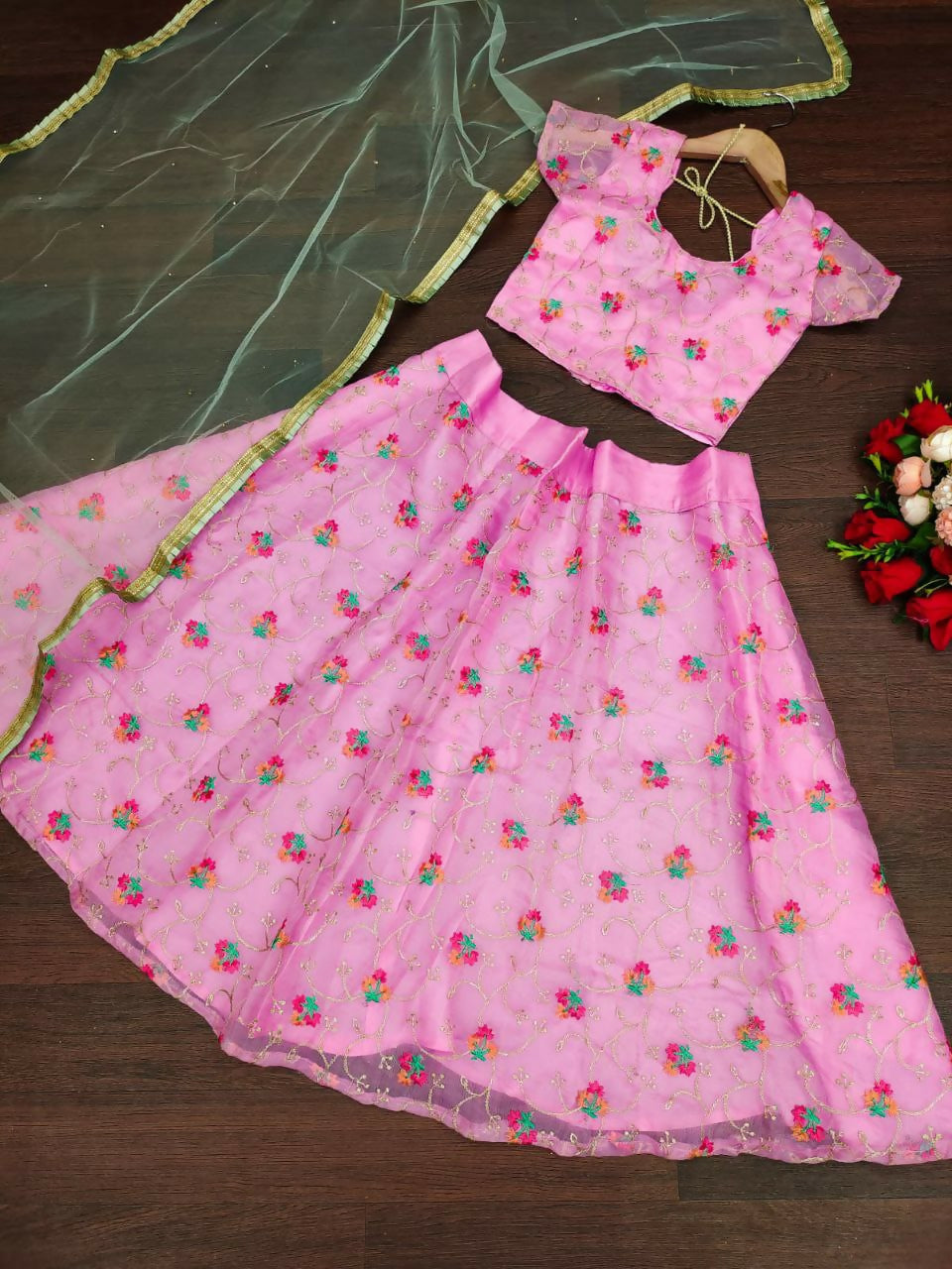 Jyoti Fashion Beautiful Pink Organza Silk Embroidered Kids Lehenga Choli Set