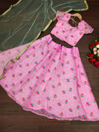 Jyoti Fashion Beautiful Pink Organza Silk Embroidered Kids Lehenga Choli Set