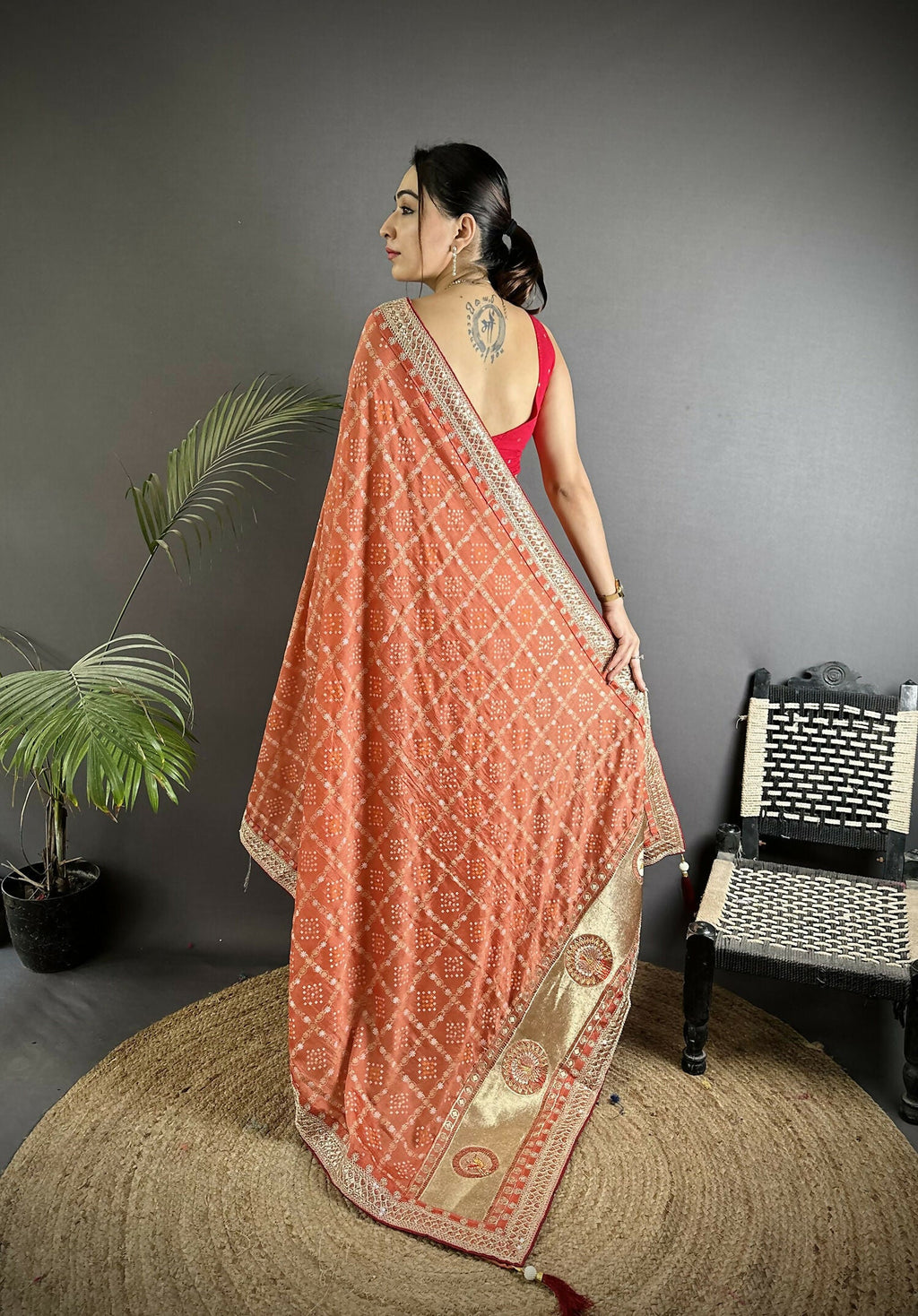 Joban Fashion Peach Bandhej Bandhani Vichitra Silk Bandhani Prints Saree - Distacart