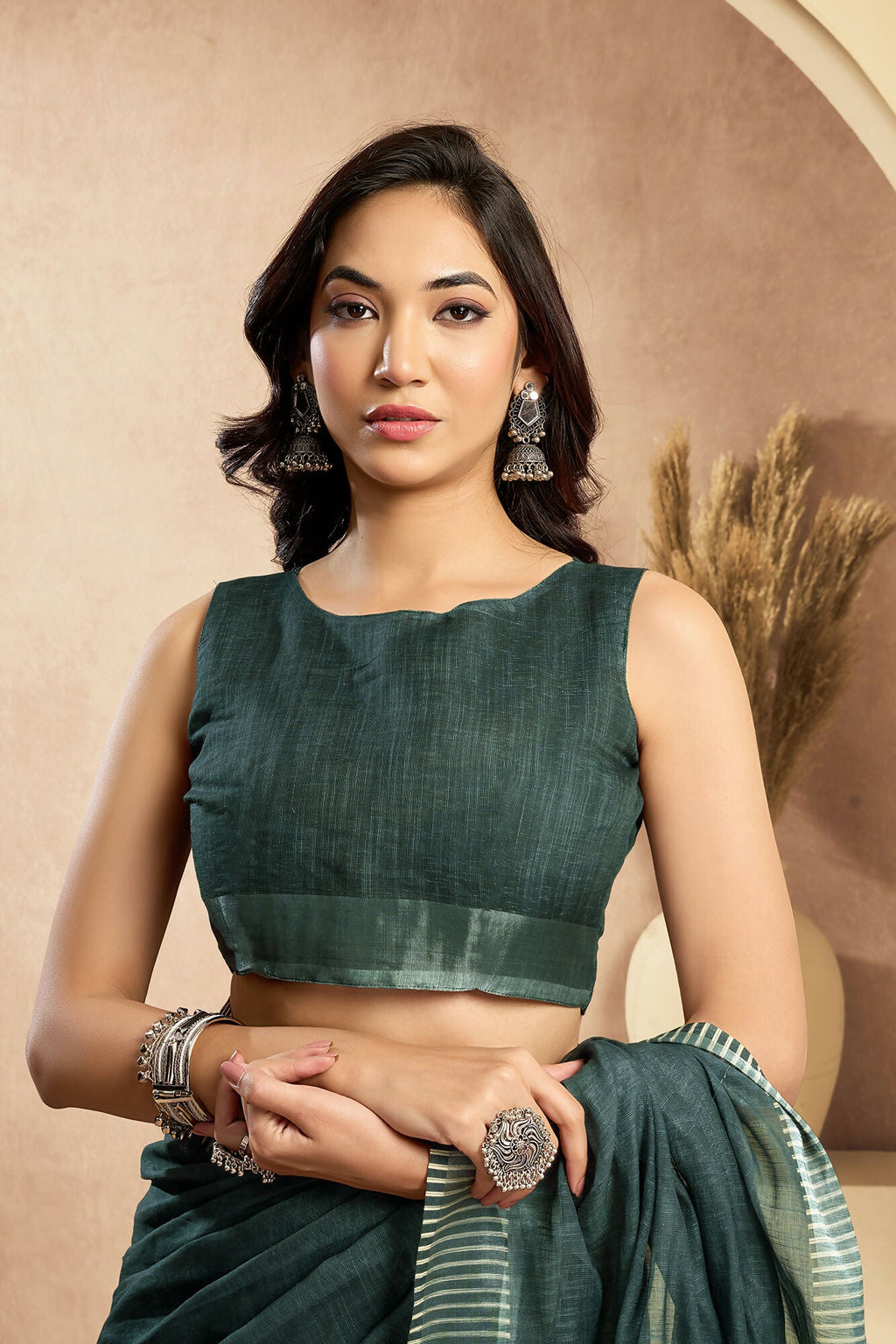 Vastranavya Morpeach Digital Printed Linen Ready To Wear Pocket Saree with Unstitched Blouse - Distacart