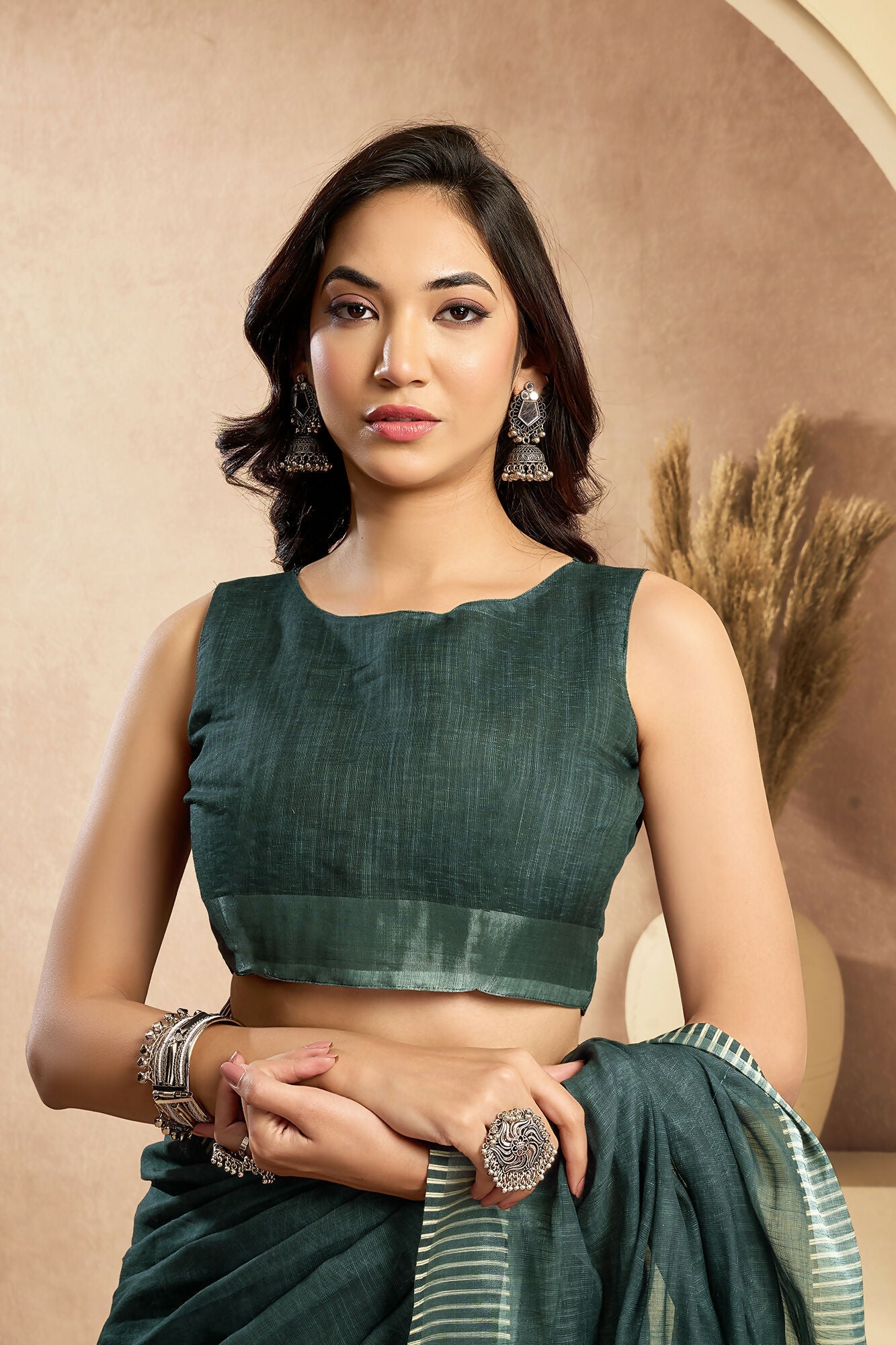 Vastranavya Morpeach Digital Printed Linen Ready To Wear Pocket Saree with Unstitched Blouse - Distacart