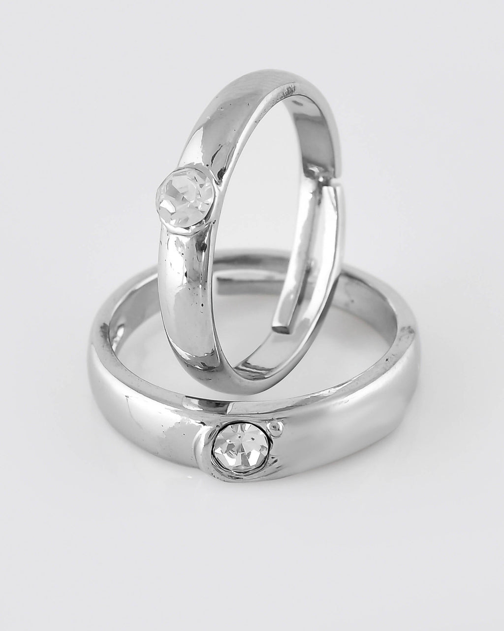 VOJ Stainless Steel Cubic Zirconia Silver Plated Adjustable Ring Set for Couple