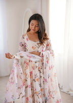 Teeya Creation Cream Faux Georgette Digital Print Party Wear Long Gown - Distacart