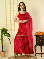 Myshka Women's Pink Velvet Kurti & Sharara With Dupatta Party Sets