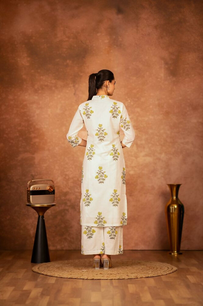 Joban Fashion Off White Yellow Hand Block Printed Cotton Suit Set - Distacart