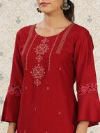 Red Chinon Embroidered Straight Top - Zeny