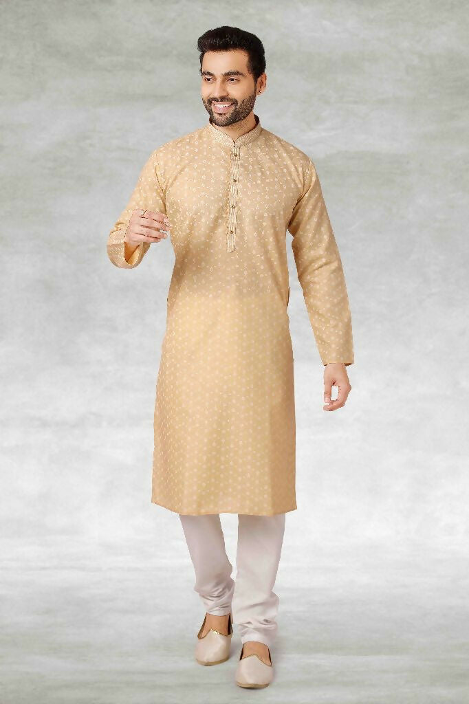 Raivat Ethnic Cotton Printed Work Kurta Pajama In Beige Colour