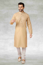 Raivat Ethnic Cotton Printed Work Kurta Pajama In Beige Colour