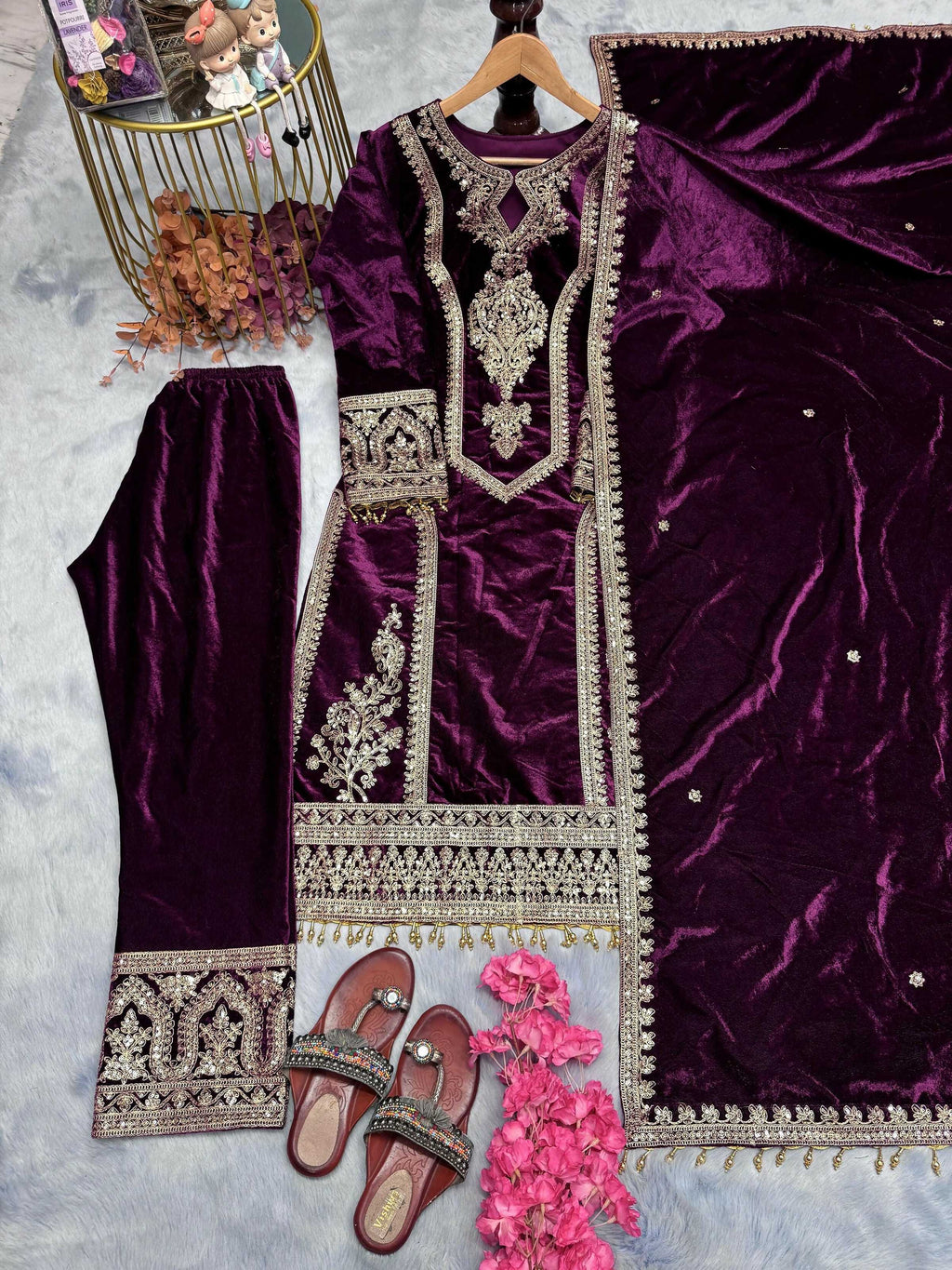 Teeya Creation Purple Color Velvet Fabric Designer Embroidery Work Suit - Distacart